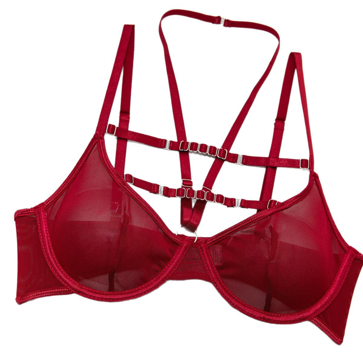 Sexy Red Sexy Lingerie Mesh Backless See through Lace up Metal Two Piece Set