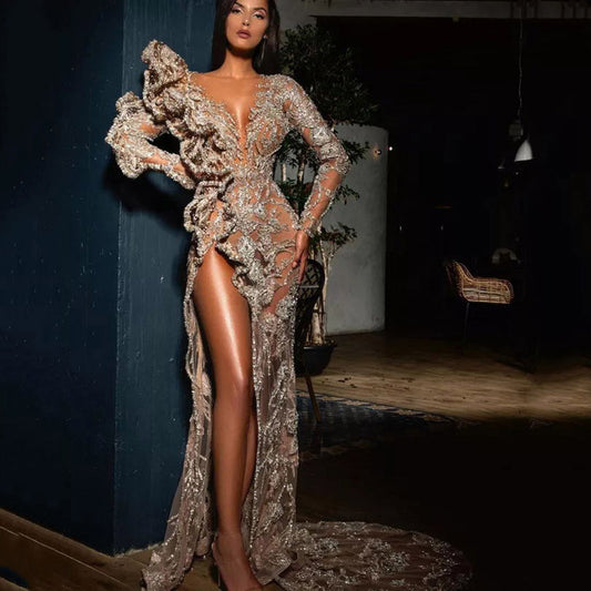 Women Clothing Dress Long Sleeved Trailing V neck Asymmetric Gold Cocktail Dress