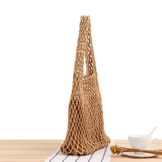 Solid Color Net Pocket Hand-Woven Bag Mori Hand-Tied Cotton Thread Hand-Carrying Shoulder Vacation Beach Bag