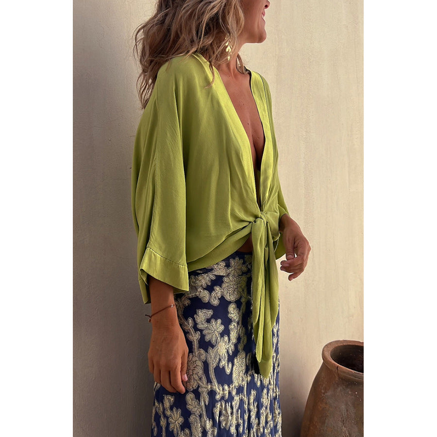 Spring Summer Casual Lace up Three Quarter Sleeve Top Loose Vacation Multi Color Top for Women