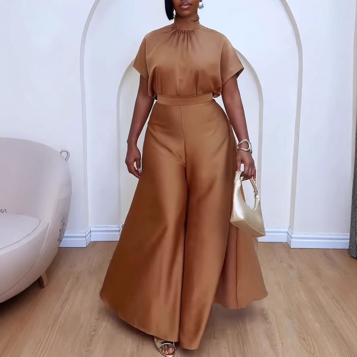 Satin Silky Strap Flounced Sleeve Wide Leg Two Piece Sets