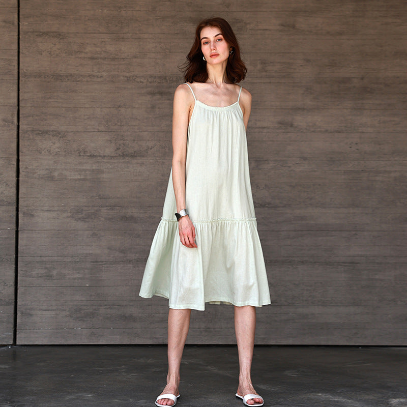 French Vacation Linen Suspender for Women Summer Backless Dress Tassel round Neck Loose Fitting Mid Length Dress