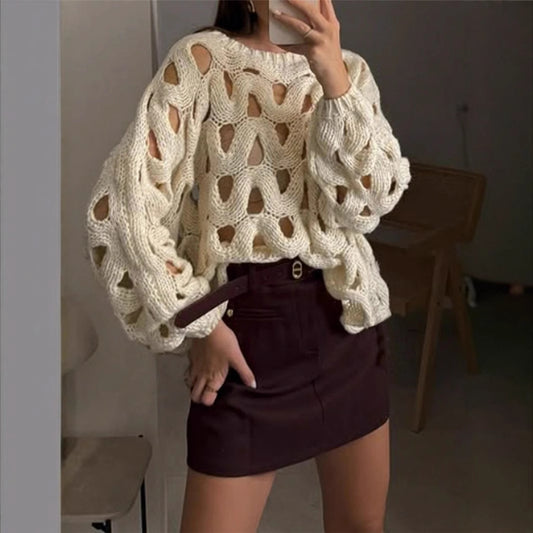 Women asual Solid Color Casual Vacation Beach Hollow Out Cutout-out Hook Floral Long Sleeve Sweater Pullover