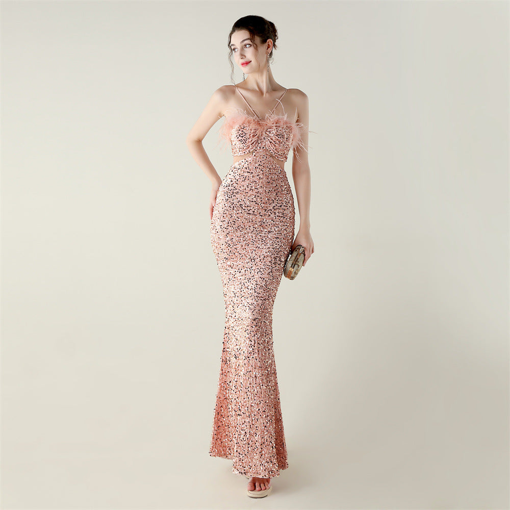 Velvet Bottom Sequin Craft Ostrich Feather Handmade Evening Dress Fishtail A Hemline High End Dinner Dress
