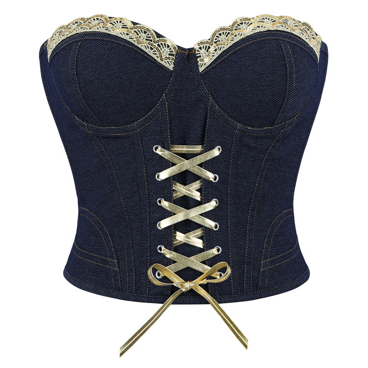 Denim Black Blue with Steel Ring Cup Lady Sexy Body Shaping Top Supply