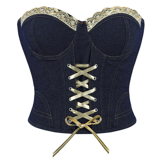 Denim Black Blue with Steel Ring Cup Lady Sexy Body Shaping Top Supply