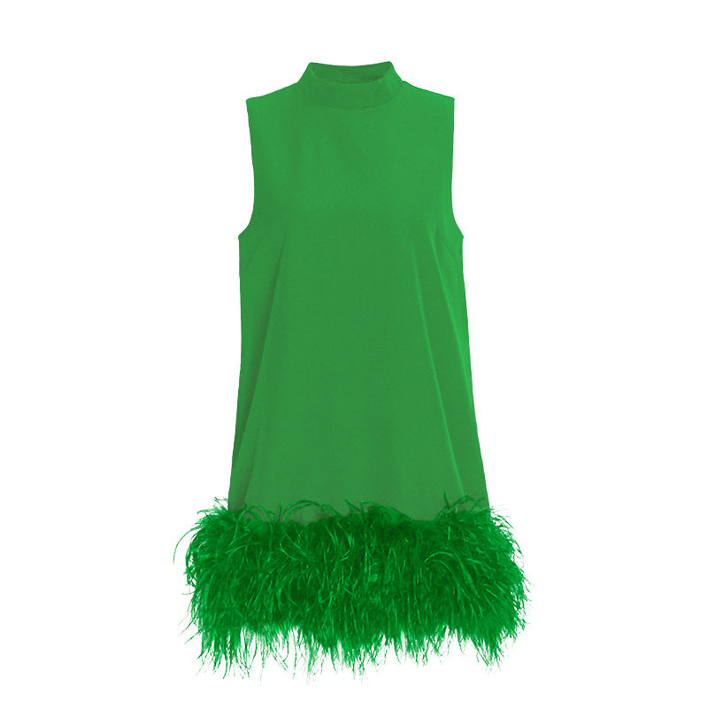 Australian Brand Design Short Autumn Stand Collar Sleeveless Solid Color Stitching Hem Feather Dress