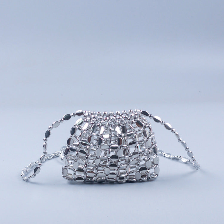 Hand Woven Bag Women Crossbody Silver Dumpling Bag All Match Acrylic Paillette Beaded Bag