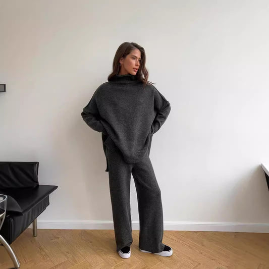 High Neck Split Wool Sweater Women Loose Casual Lazy Knitted Trousers Two Piece Set