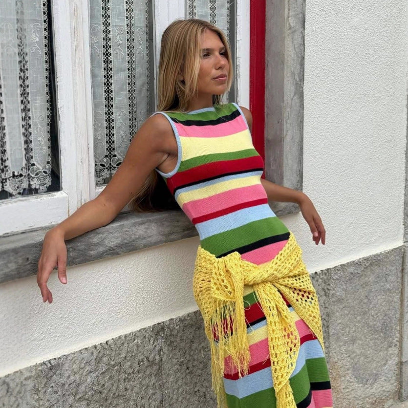 Slimming Sleeveless Rainbow Striped Knitted Maxi Dress for Women Dress Casual Waist Tight