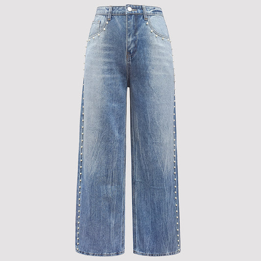 Women Clothing Autumn Magic Heavy Industry Metal Rivet White Pearl Straight Leg Denim