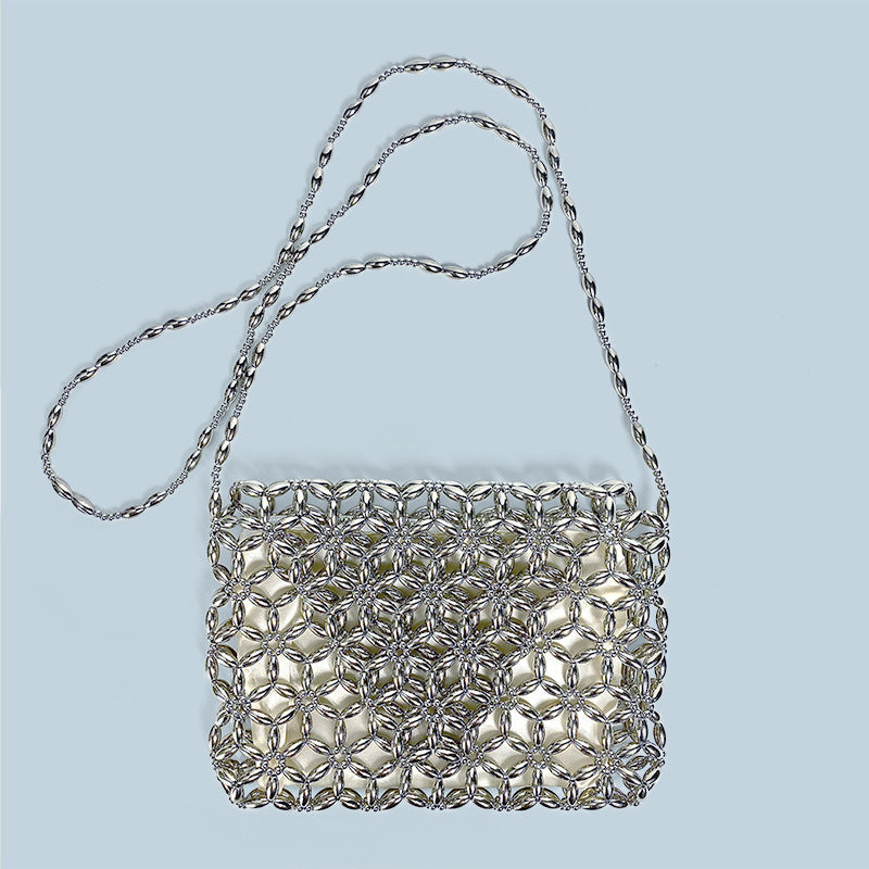 Retro Metal Silver Hand Woven Beads Small Square Bag Long Shoulder Strap Phone Crossbody Bag