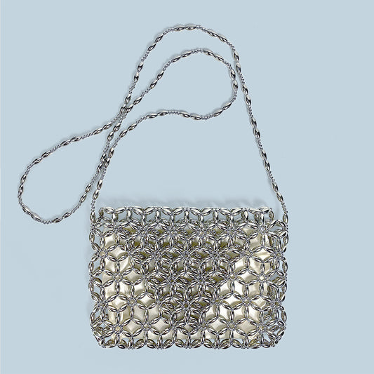 Retro Metal Silver Hand Woven Beads Small Square Bag Long Shoulder Strap Phone Crossbody Bag