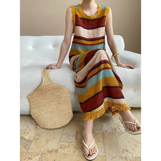 Lazy Vacation Tencel Linen Tassel round Neck Colorful Striped Vest Dress