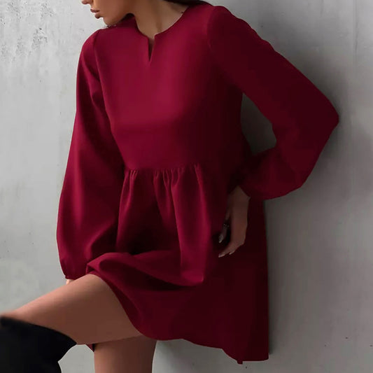 Wine Red V Neck Puff Sleeve High Waist Dress Chic Russian Spring Women