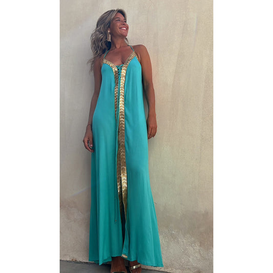 Spring Summer Lace up Halterneck Dress Casual Loose Vacation Large Swing Dress