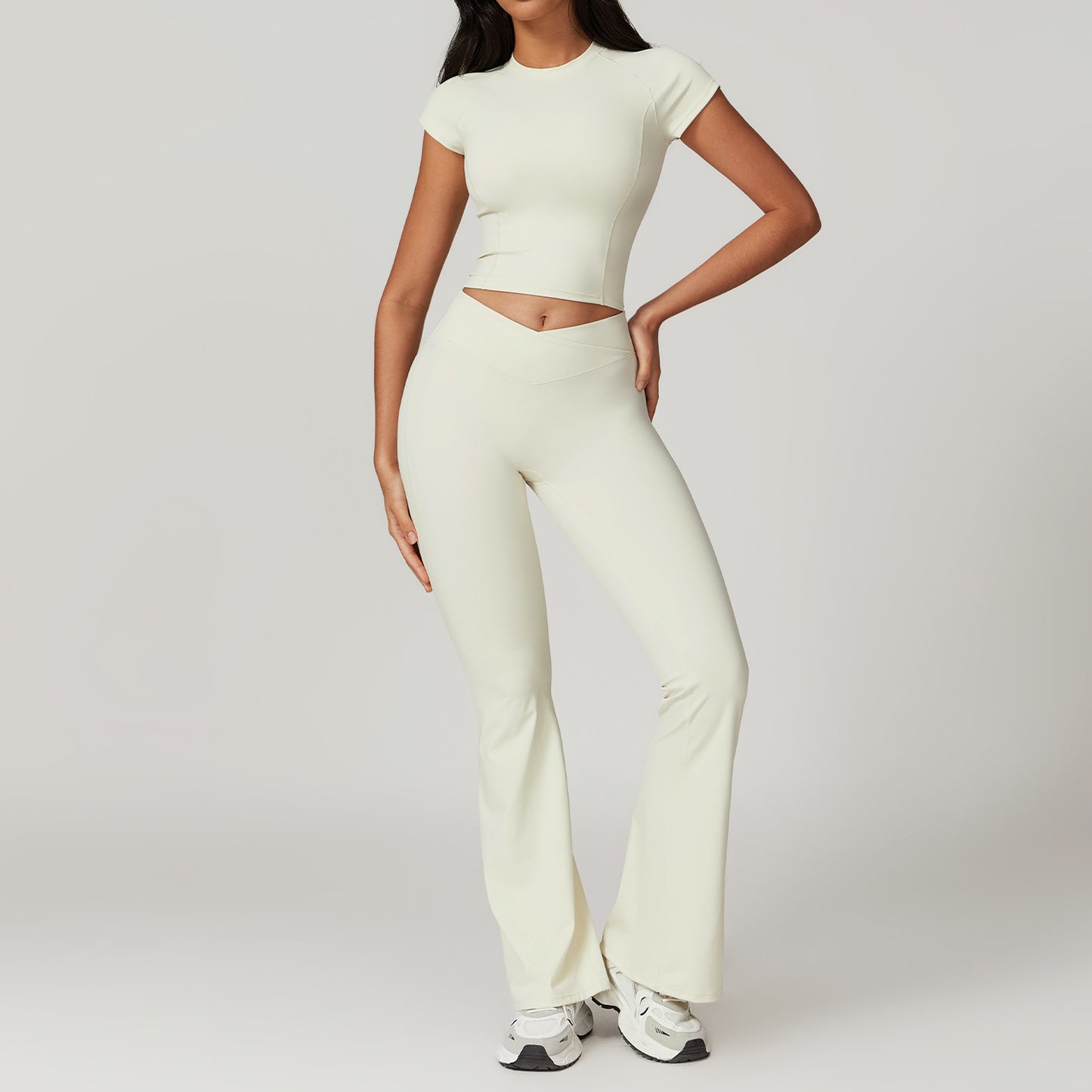 Short Sleeve Bell-Bottom Pants Cream Apricot
