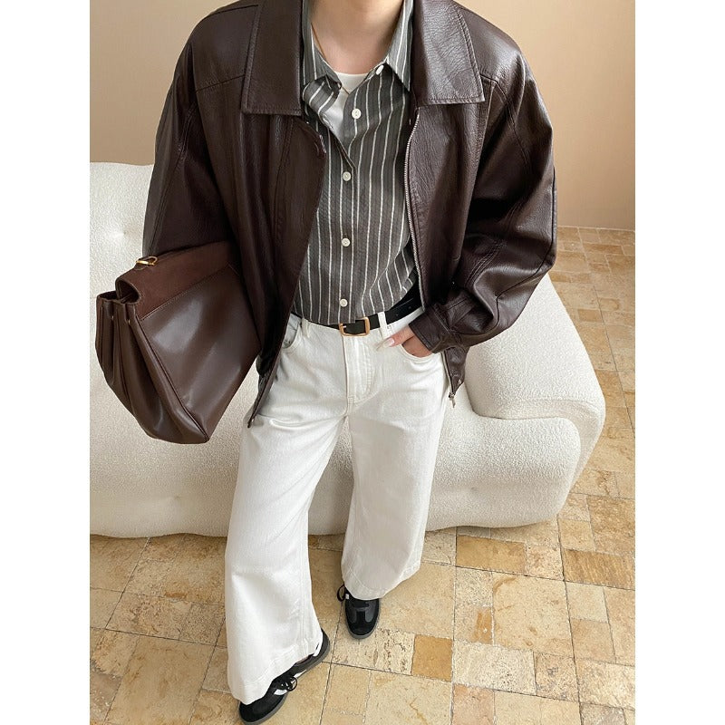 Modern Street Retro Faux Leather Collared Loose Slimming Leather Jacket Coat
