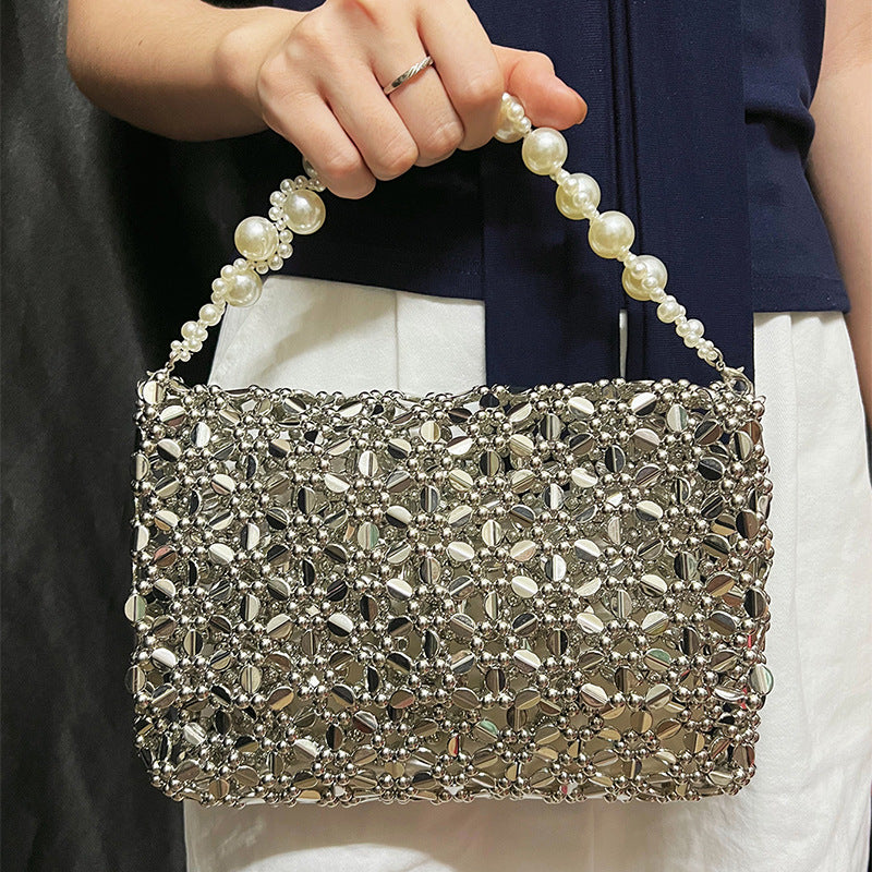 Korean Niche Casual Beaded Woven Bag Chain Shoulder Bag Simple All Match Crossbody Handbag for Women