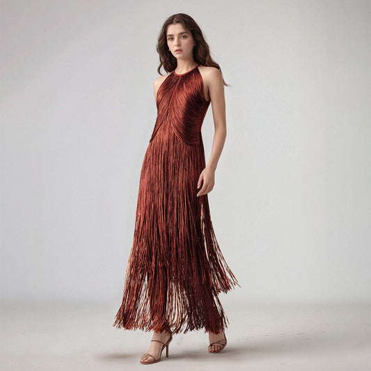 Design Tassel Sleeveless Waist Tight Bandage One Piece Dress Ladies Party Stage Performance Dress Women Clothing