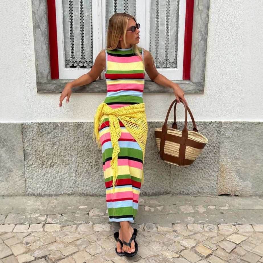 Slimming Sleeveless Rainbow Striped Knitted Maxi Dress for Women Dress Casual Waist Tight
