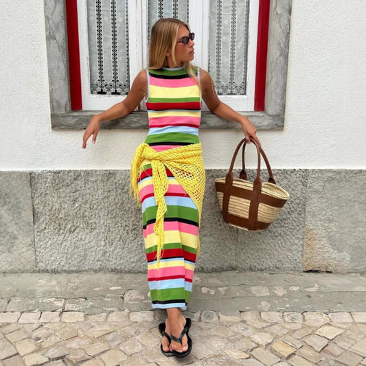 Slimming Sleeveless Rainbow Striped Knitted Maxi Dress for Women Dress Casual Waist Tight