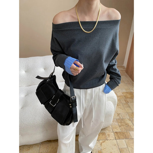 Early Autumn Blogger off Shoulder Design Striped Stitching Long Sleeve T shirt