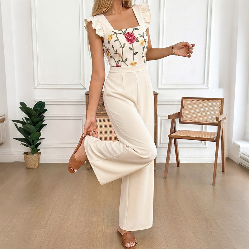 Fresh Gentle Mesh Stitching Square Collar Wide Leg Jumpsuit