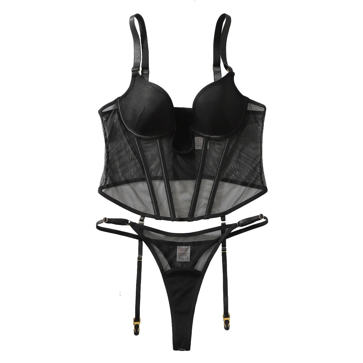 Sexy Sheer Mesh Cinched Waist Slim Fit Sexy Personalized U Collar Underwear with T Back Set