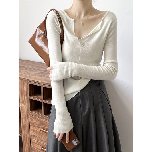 French V Neck Open Sweater Spring Inner Wear Elegant Slim Fit Long Sleeve Top