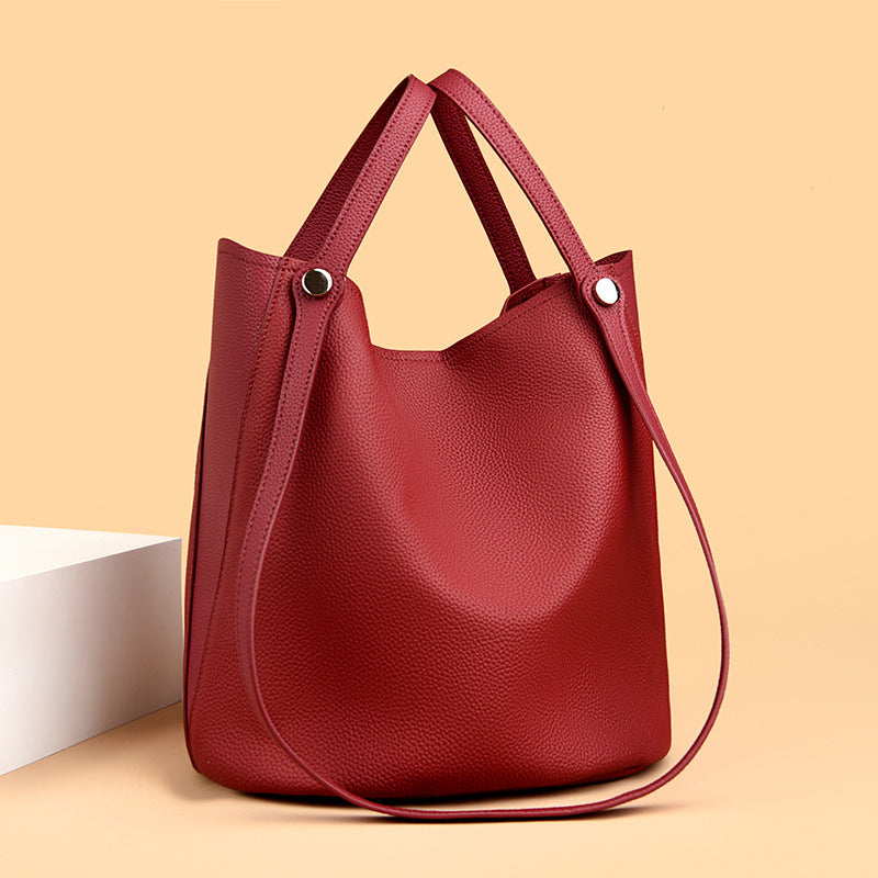 Genuine Leather Women Bag Simple Bucket Bag High Grade Large Capacity Shoulder Bag Handbag