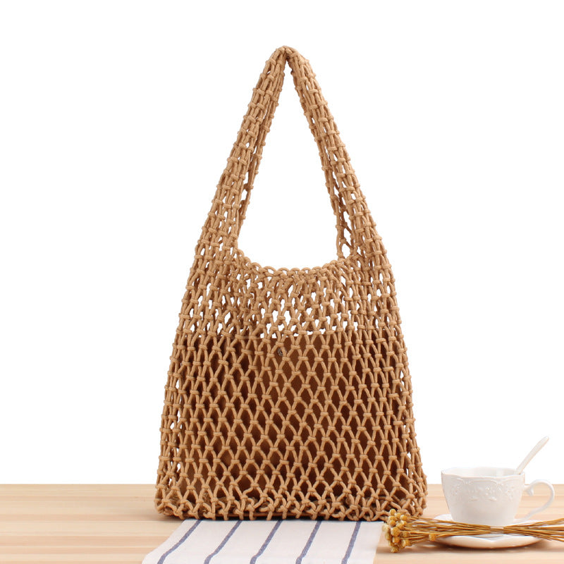 Solid Color Net Pocket Hand-Woven Bag Mori Hand-Tied Cotton Thread Hand-Carrying Shoulder Vacation Beach Bag