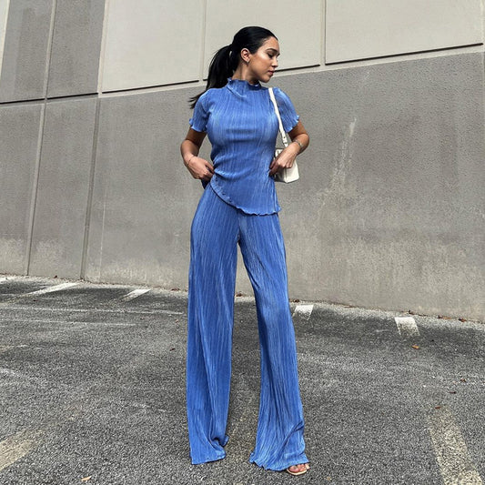 Spring Slimming T shirt High Waist Blue Pleated Wide Leg Pants Casual Women Clothing Fashion Suit