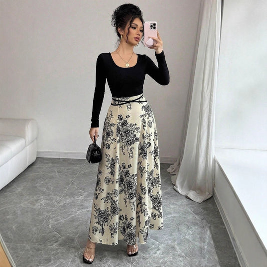 Square Collar Dress Women Elegant Floral Print Long Sleeve Waist Dress