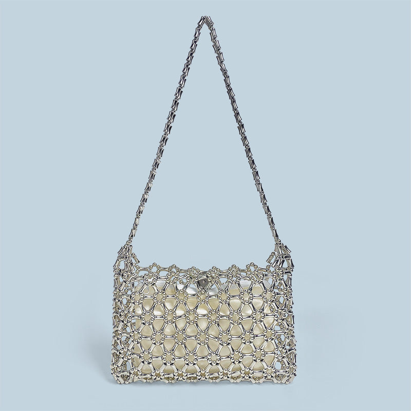Small Capacity Bamboo Beaded Shoulder Bag Fresh Shiny Handmade Beaded Weaving Hollow Out Cutout Finished Bag