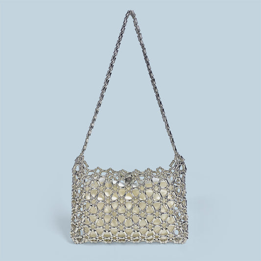 Small Capacity Bamboo Beaded Shoulder Bag Fresh Shiny Handmade Beaded Weaving Hollow Out Cutout Finished Bag