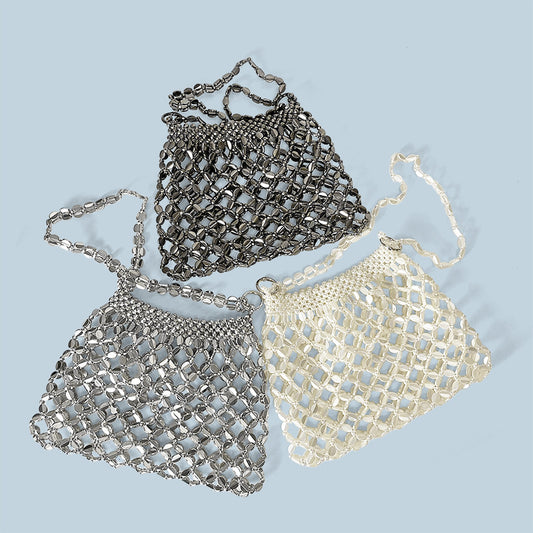 Retro Metallic Handmade Shiny Beaded Sequ Woven Handbag Underarm Shoulder Sequin Bag