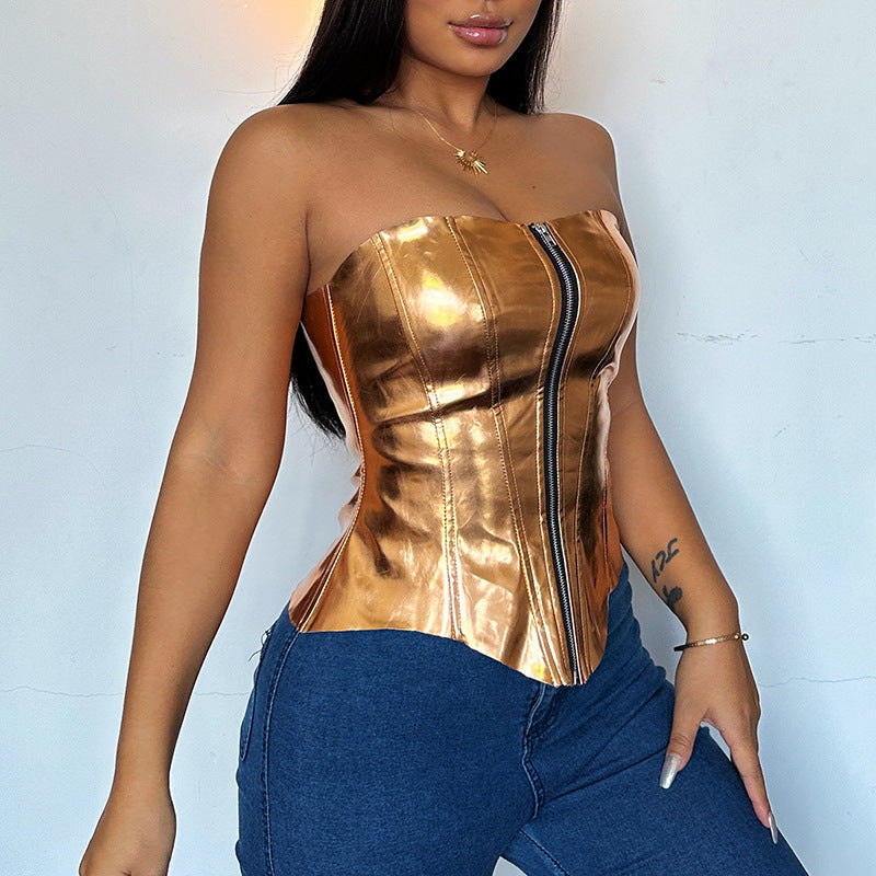 Women Clothing Metallic Coated Fabric Sexy Metal Bright Leather Tank Top Slim Vest Waist
