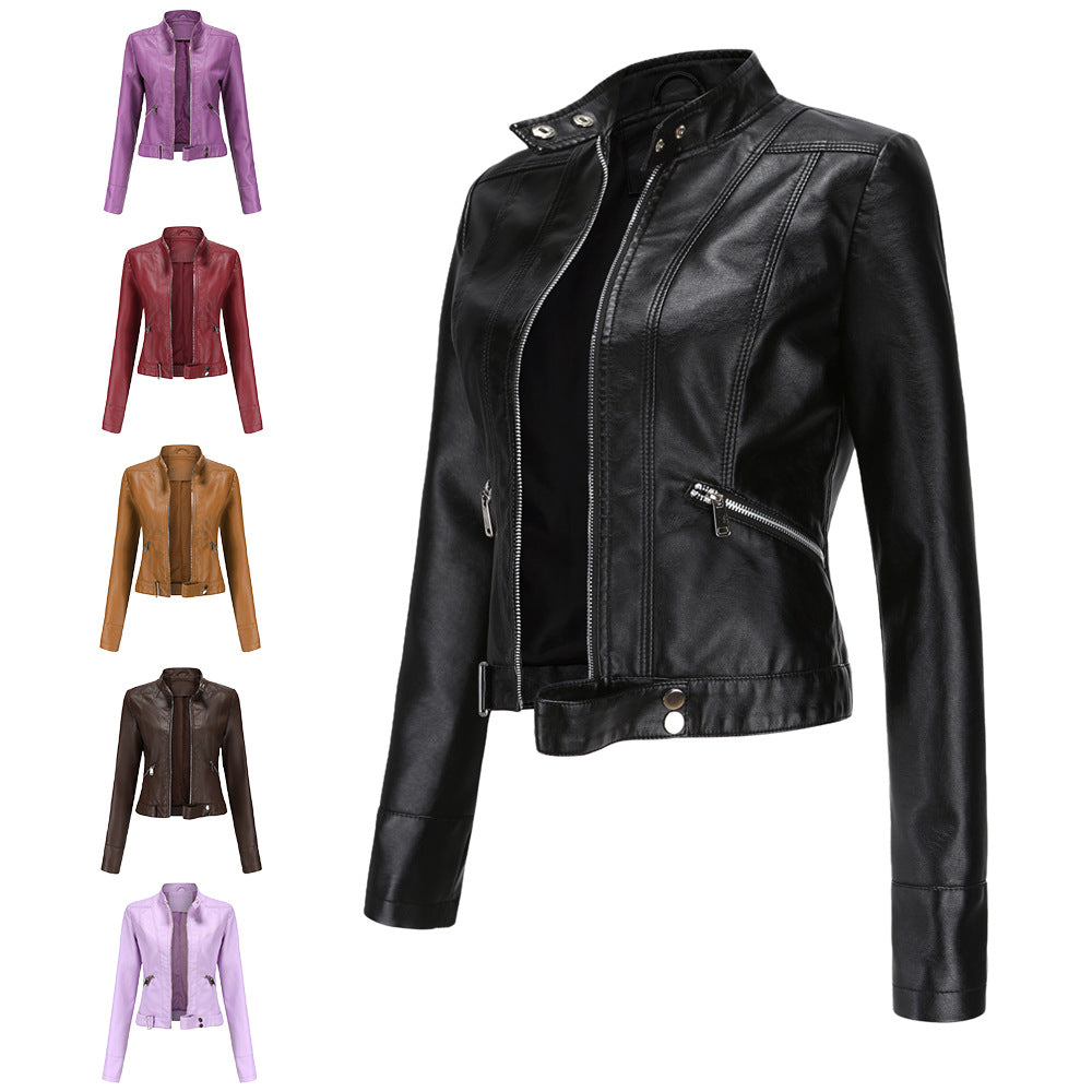 New Leather Coat Women Short Jacket Spring Autumn Stand Collar Lady Leather Jacket Women Clothing Thin Leather Coat