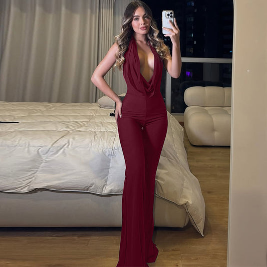 Women Clothing Autumn Solid Color Swing Collar Strap Halter Sexy Backless Slim Fit Jumpsuit Women