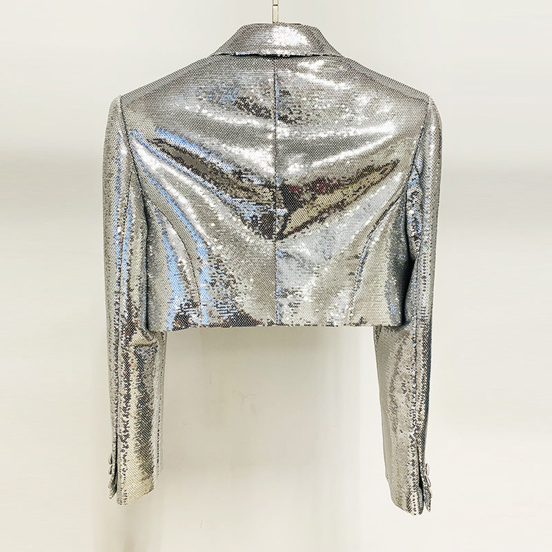Metallic Coated Fabric Goods Personality Bling Bling Shiny Sequ Short Suit Mid Length Skirt Set Two Piece Set