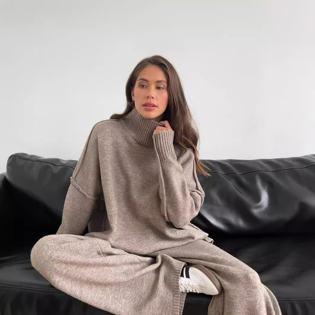 High Neck Split Wool Sweater Women Loose Casual Lazy Knitted Trousers Two Piece Set