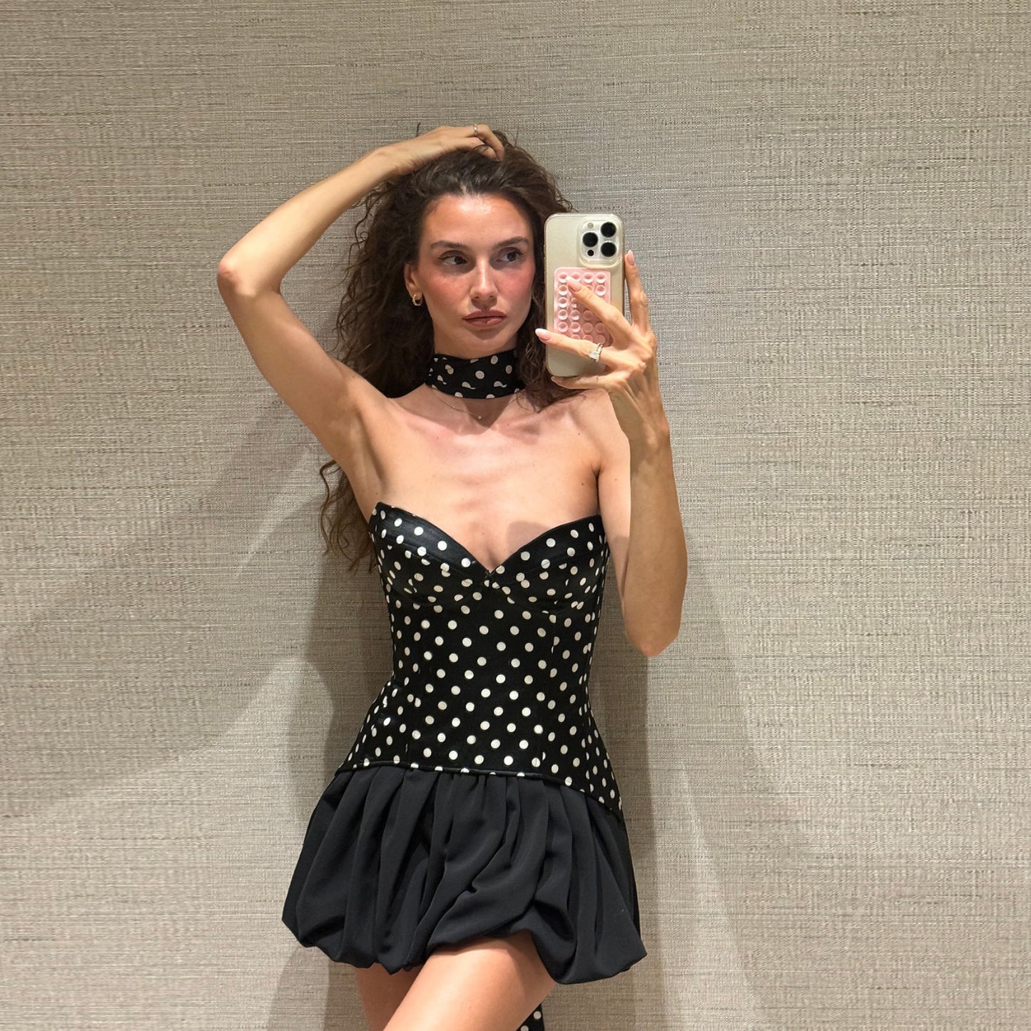 Fall Women Clothing V neck Sexy Polka Dot Color Matching Ribbon Slim Dress