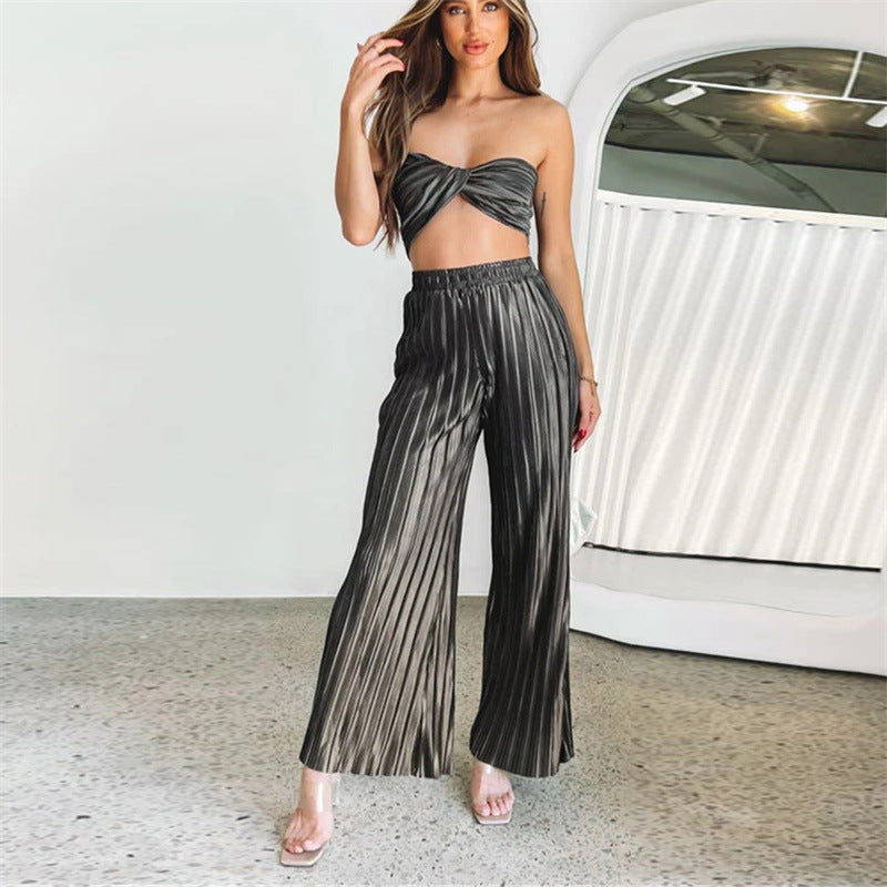 Spring Summer Pleated Sexy Suit Women Cropped Sleeveless Adjustable Vest Casual Pants Two Piece Set for Women
