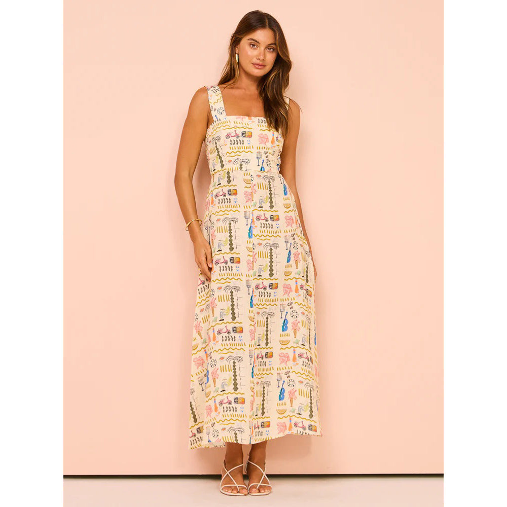 Spring Summer Printed Casual Strap Dress Vacation Zipper Dress