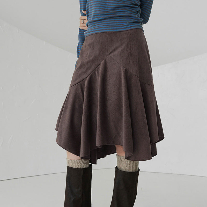 Maillard Women Autumn Winter Retro Brown Mid Length with Irregular Asymmetric Design
