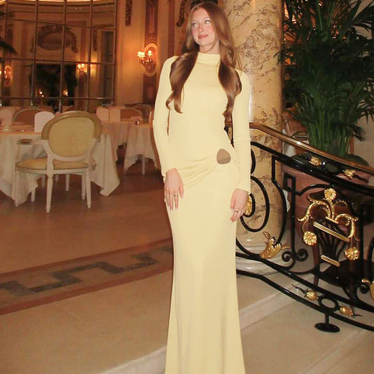 Women Clothing Autumn Suede Solid Color Long Sleeve Pleated Fishtail Dress Slim Dress