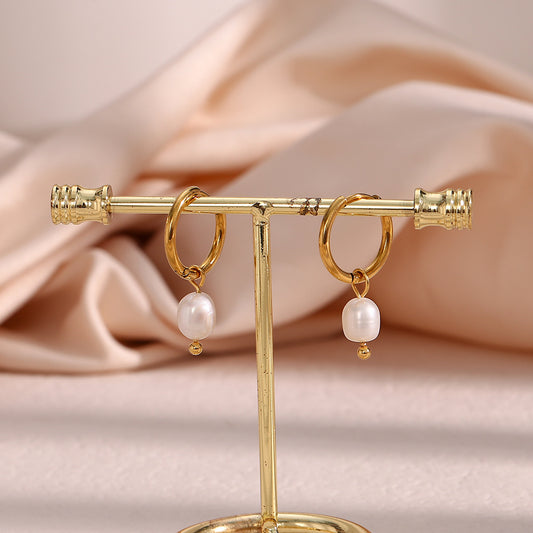 Simple Light Luxury Earrings Jewelry Stainless Steel Plated 18K Gold Freshwater Pearl Gold Ear Ring Accessories - Wanita Store