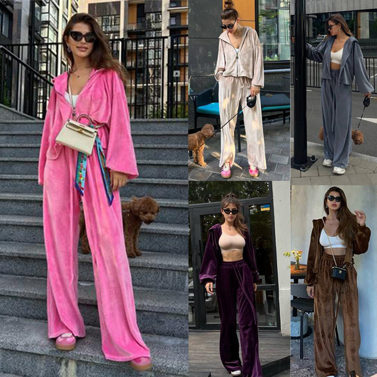 Early Autumn Gold Velvet Zipper Drawstring Casual Suit Women