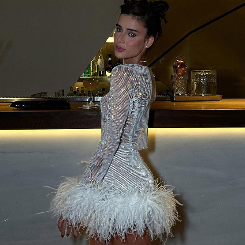 Fashionable Sequ Furry Skirt Set Women Sexy Nightclub Women round Neck Sexy Long Sleeve Short Dress